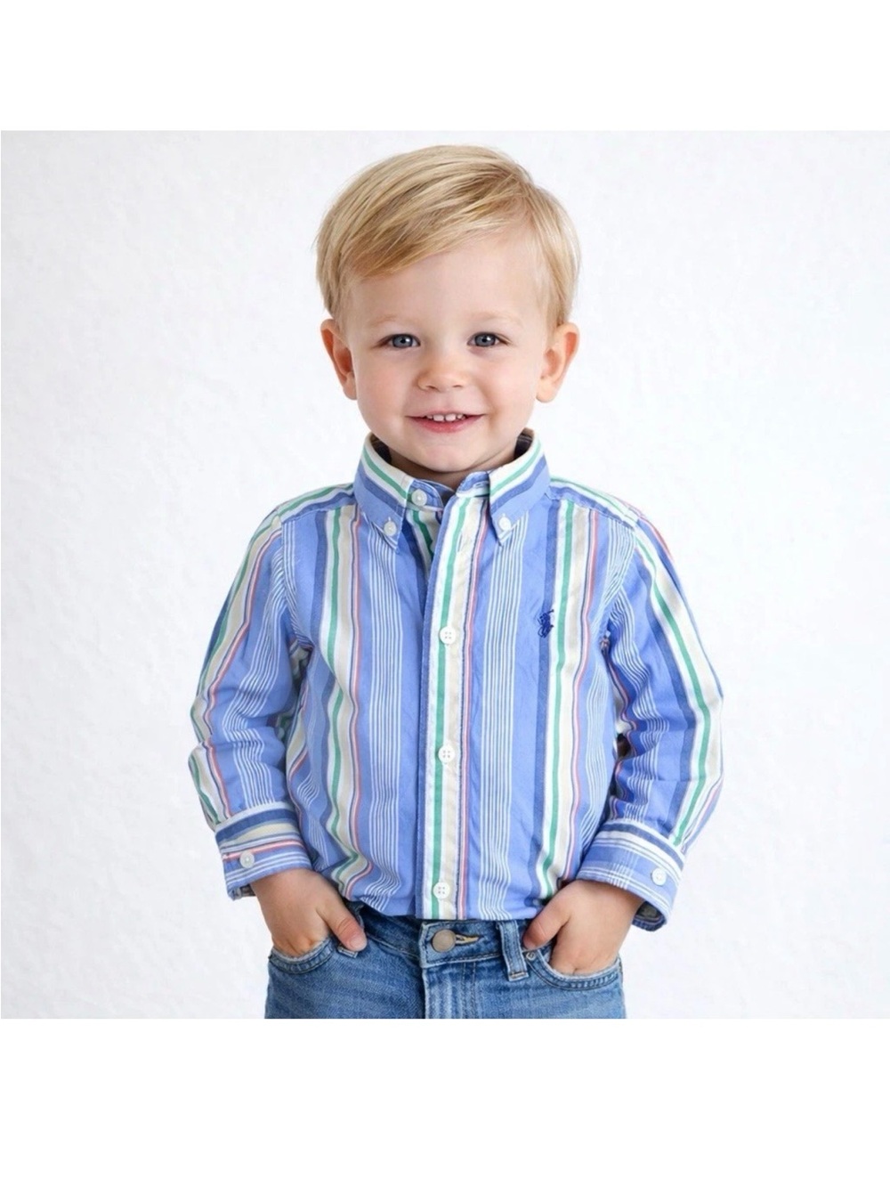 Ralph Lauren Boys Button Down Oxford Shirt 2 2T Blue Pony Logo Preppy Stripes